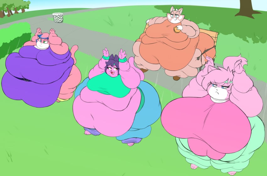 4girls aeris_(vg_cats) alpha_lexa anthro ass belly belt belt_buckle bench blue_eyes breasts burger fat feline feline_humanoid female female_focus female_only furry green_eyes hips huge_belly huwon hyper hyper_ass hyper_breasts large_ass large_breasts leotard obese obese_female overweight overweight_female park pink_eyes pink_fur planet_dolan ryan's_world shima_luan stomach super_planet_dolan sweat_pants sweatband sweatpants thick_thighs thighs vg_cats weight_gain wide_hips workout workout_clothes workout_clothing yiff