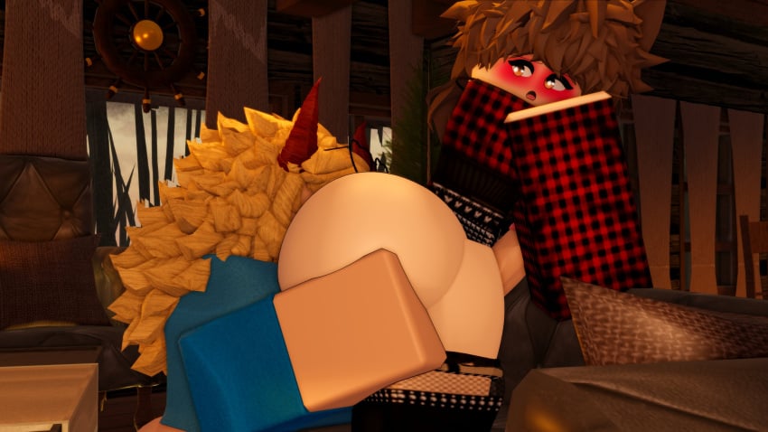 1boy 1futa 3d ass blonde_hair blue_shirt brown_hair catboy eating_ass femboy fempink_(pinkishpinkas) futa_on_male futadom futanari glasses horns inside penis pinkishpinkas red_shirt rimming rimming_femboy rimming_male roblox robloxian tagme