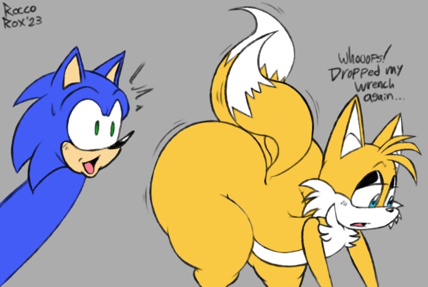 2_tails anthro ass big_ass canid canine fat femboy fox fur hedgehog huge_ass male male_only motion_lines multi_tail roccorox sega sirroccorox sonic_(series) sonic_the_hedgehog tails text thick_thighs video_games wide_hips