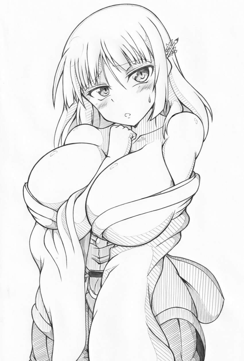 1girls arm_between_breasts bangs belt blush cleavage collarbone embarrassed eyebrows_visible_through_hair female ha_jin hair_between_eyes hair_ornament huge_breasts light-skinned_female light_skin long_hair looking_away monochrome naraku_(senran_kagura) pencil_(artwork) senran_kagura simple_background solo standing thick_thighs white_background