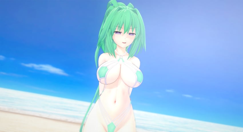 1girls 3d arms_behind_back beach big_breasts close-up cpu_(neptunia) female_only goddess green_hair green_heart large_breasts light-skinned_female long_hair looking_at_viewer navel neptunia_(series) open_mouth ponytail power_symbol-shaped_pupils purple_eyes seductive_look solo string_bikini thighs vert