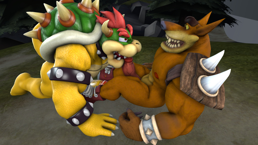 2boys 3d 3d_(artwork) activision bara bowser crash_(series) dragon duo feral gay hi_res male male/male male_only mario_(series) maxdigipower nintendo tagme tiny_tiger yaoi