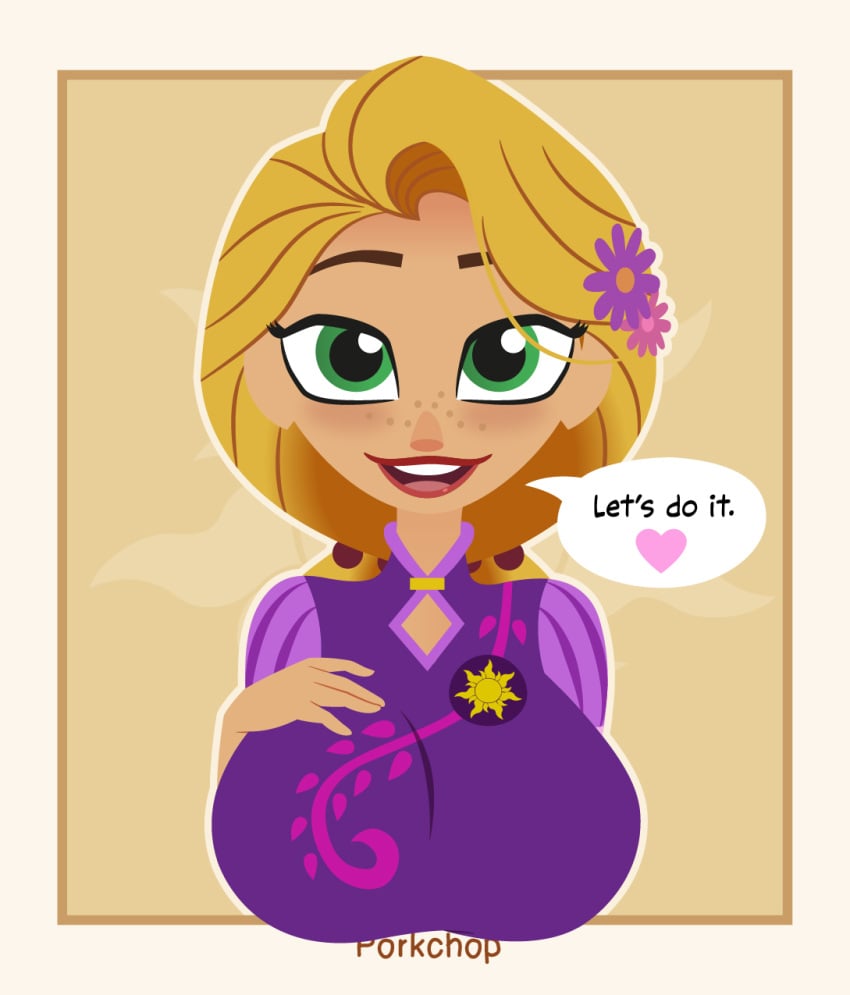 1girls big_breasts blonde_hair breasts breasts_out_of_frame disney disney_princess female freckles green_eyes long_hair porkchop_(artist) rapunzel speech_bubble tangled tangled:_the_series