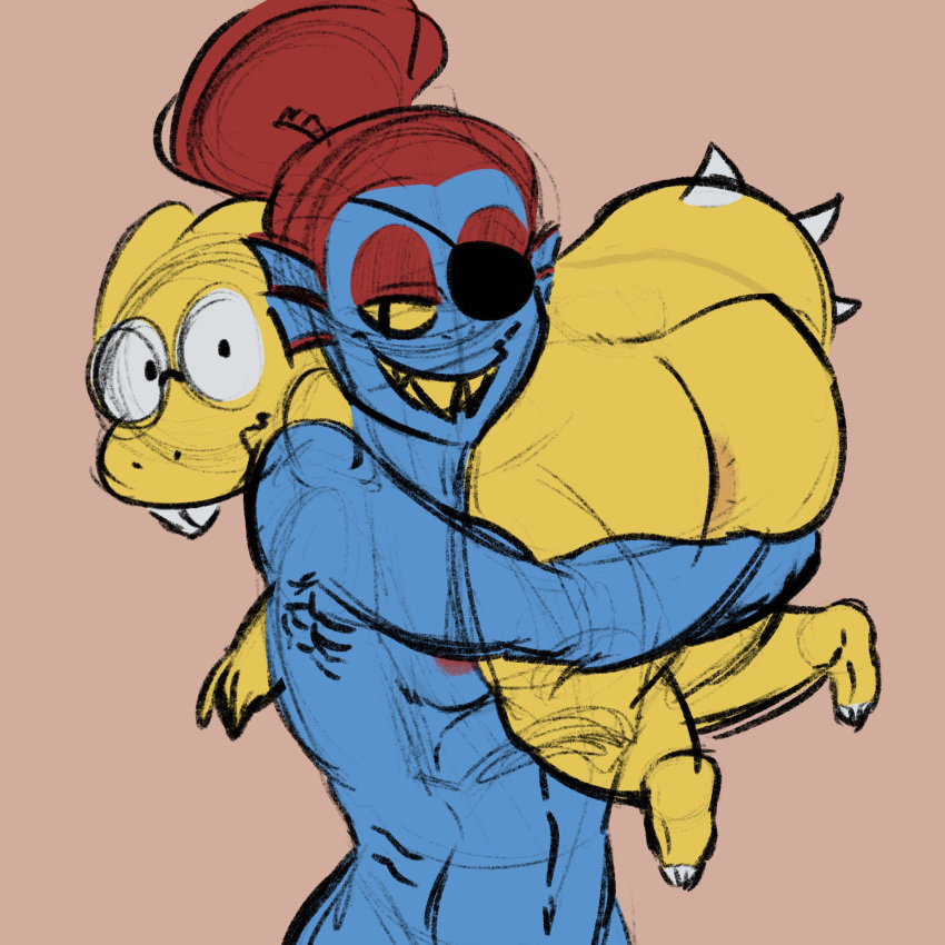 2d alphyne alphys alternate_version_available anthro anthro_only anus ass blue_body blue_skin breasts carrying carrying_over_shoulder color eye_patch eyepatch female_anthro kross_draws naked nude orange_background red_hair simple_background solid_color_background tagme uncensored undertale undertale_(series) undyne unphys yellow_body yellow_skin