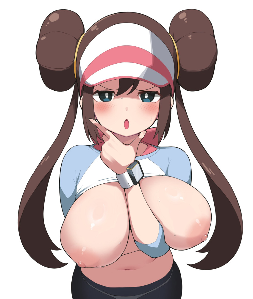 :o blue_eyes blush breasts brown_hair double_bun female hair_bun hand_on_own_chin hat highres large_breasts long_hair looking_at_viewer navel nipples open_mouth panties panties_under_pantyhose pantyhose pokemon pokemon_(game) pokemon_bw2 pokemon_masters_ex rosa's_pose_analyzing rosa_(pokemon) simple_background solo stroking_own_chin twintails underwear visor_cap white_background yabai_gorilla