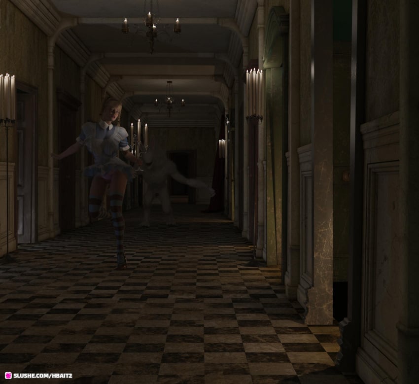 1boy 1girls 2022 3d alice_in_wonderland alice_liddell blonde_hair blue_dress braided_twintails candles chandelier chasing collared_shirt dark doors dream hallway hbait2 holding_object mansion march_hare panties_riding_up pink_panties rabbit running scared slushe_(website) striped_thighhighs tagme tile_floor tiles trying_to_escape white_fur