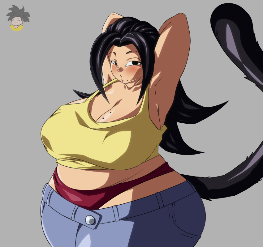 armpits arms_behind_head arms_up bbw belly big_belly big_breasts black_eyes black_hair breasts chubby chubby_female cleavage dragon_ball huge_thighs isxues jeans lowleg lowrise_jeans medium_hair midriff mole_on_breast mole_under_mouth obese_female original_character panties plump red_panties saiyan slightly_chubby spiky_hair tail tan_skin tank_top thick_thighs thighs underwear