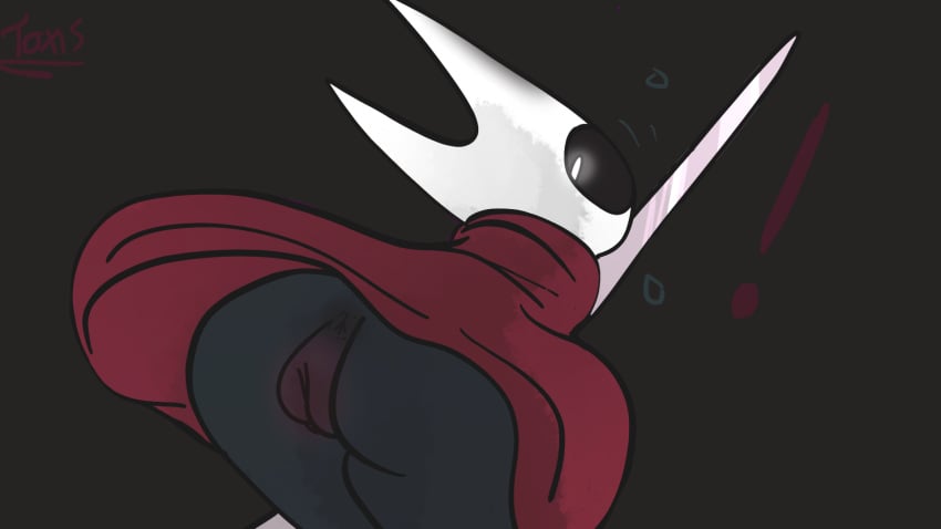 anthro anus arthropod ass big_butt bottomwear cape clothed clothing clothing_lift drawing exclamation_point female genitals half_naked hi_res hollow_knight hornet_(hollow_knight) humanoid looking_back mask no_underwear presenting pussy red_cape shocked simple_background skirt skirt_lift solo team_cherry thick_thighs toxis weapon