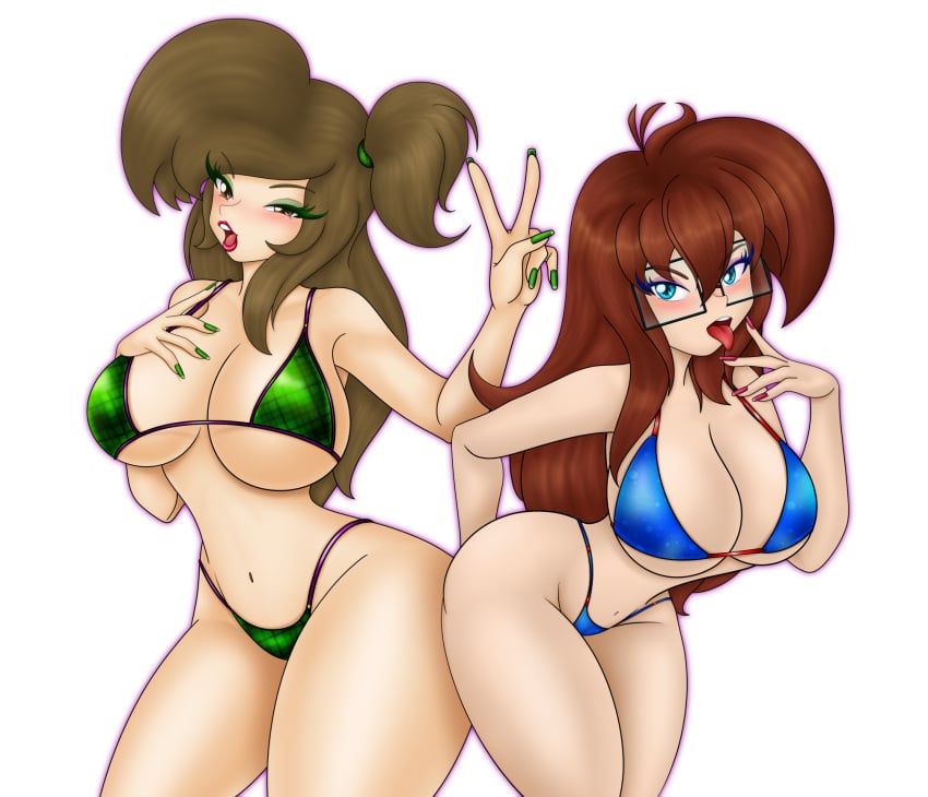 2girls big_ass big_breasts bikini blue_bikini colored_nails green_bikini hourglass_figure makeup original_character original_characters peace_sign png slim_waist square_glasses th3go thong_bikini