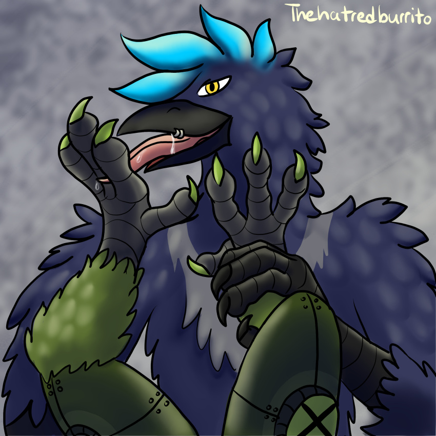 anthro avian bird claws corvid corvus_(genus) crow duo feet hi_res machine male male/male oscine passerine paws protogen talons thehatredburrito toe_claws