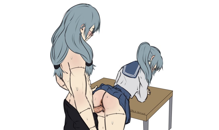 1boy 1boy1girl 1girls anus ass blue_hair heidibiersack jujutsu_kaisen mahito_(jujutsu_kaisen) penis ponytail pussy rule_63 school_uniform selfcest stitches vaginal_penetration vaginal_sex