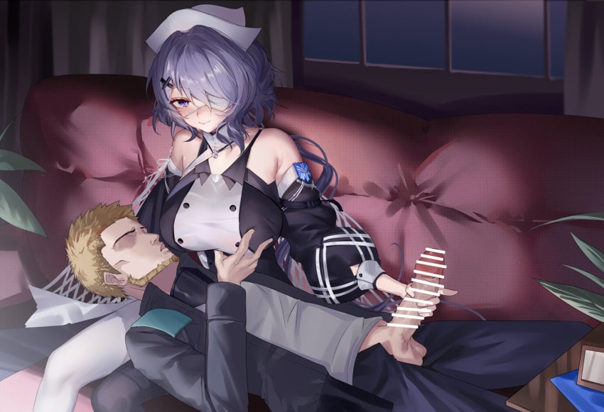 1boy 1girls arknights asymmetrical_legwear bangs bar_censor bare_shoulders beard black_dress black_pants black_pantyhose blonde_hair blush breast_grab breasts censored cleavage couch detached_sleeves dress eyepatch faceless faceless_male facial_hair female grabbing handjob hat hongbaise_raw indoors large_breasts light-skinned_female light-skinned_male light_skin long_hair long_sleeves lying mismatched_legwear nurse nurse_cap on_back on_couch one_eye_covered open_fly open_pants pants pantyhose penis_out purple_eyes purple_hair short_hair sitting smile straight testicles very_long_hair whisperain_(arknights) white_pantyhose