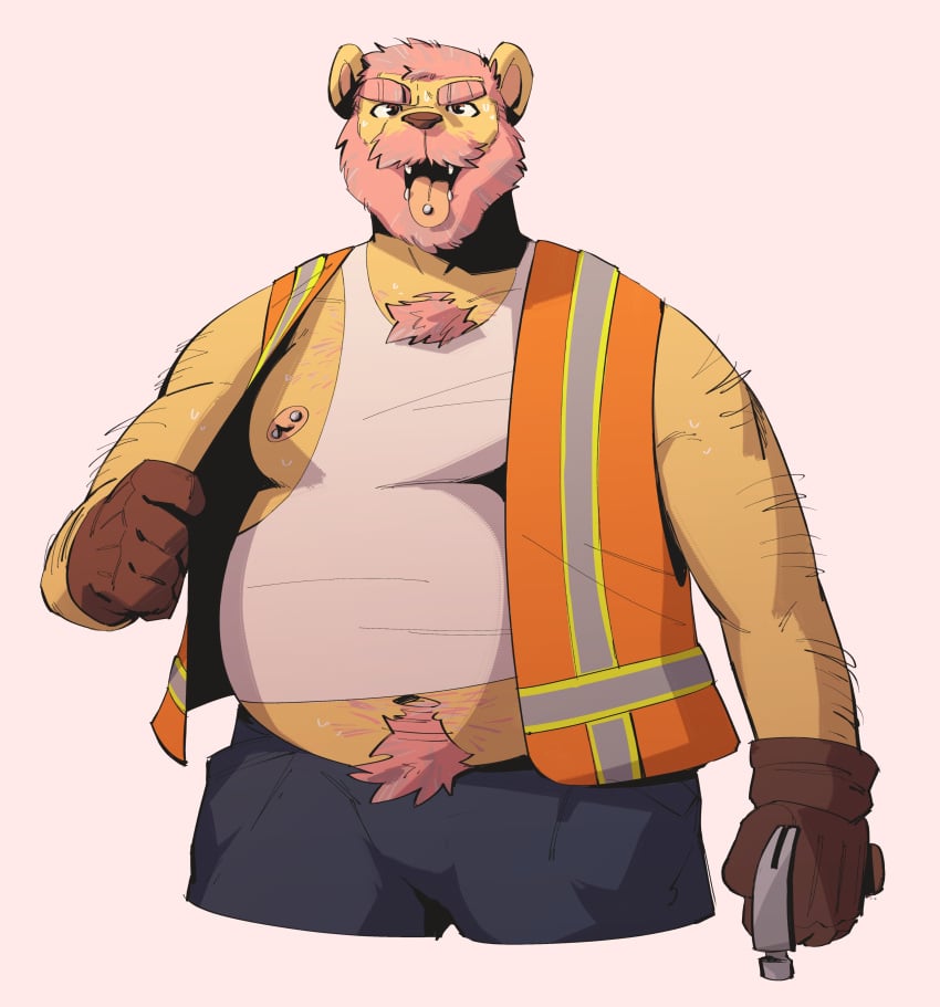 2023 absurd_res anthro bakedpotateos bear beard belly belly_hair big_belly body_hair chest_hair clothed clothing construction_worker facial_hair hair hairy_arms hairy_forearms hammer hi_res holding_hammer holding_object holding_tool looking_at_viewer male mammal manly moobs moustache navel nipple_piercing nipples open_clothing open_mouth open_topwear open_vest overweight piercing pink_hair safety_vest shirt shoulder_hair solo tank_top tongue tongue_out tongue_piercing tools topwear vest white_clothing white_shirt white_tank_top white_topwear work_gloves