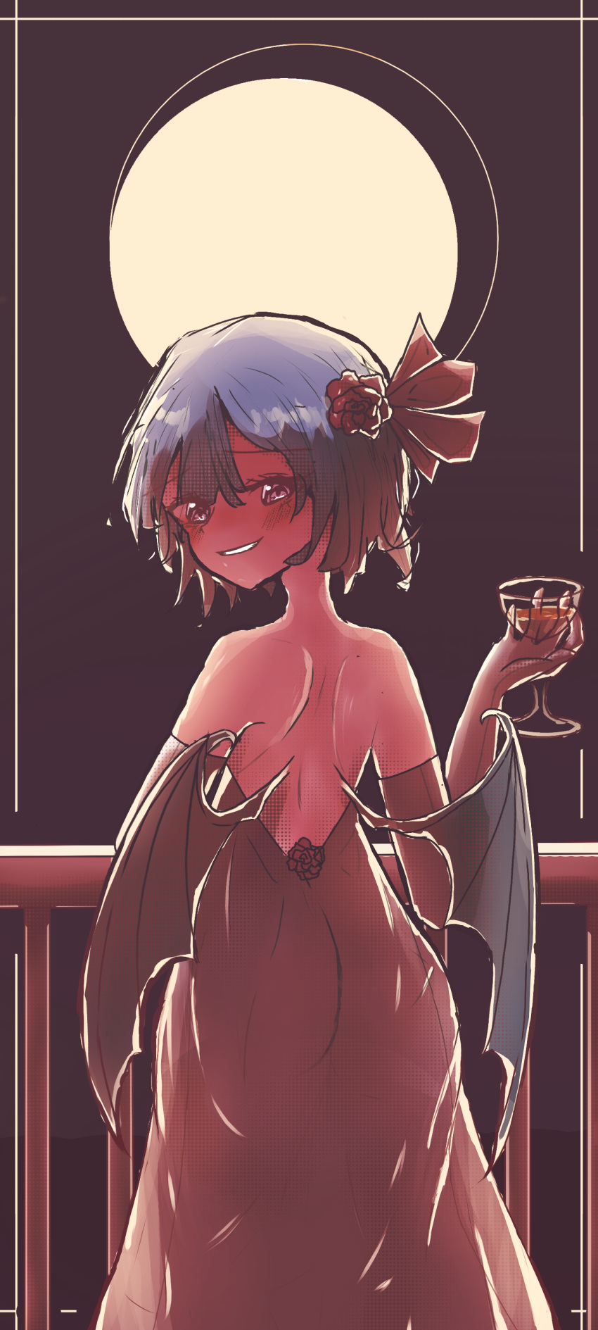 absurdres alcohol alternate_costume balcony bat_wings chadntartist cup dress drinking_glass flower hair_flower hair_ornament halftone highres moon non-web_source remilia_scarlet ribbon rose touhou vampire white_dress wine wine_glass wings