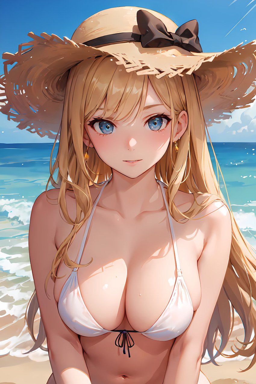 1girls 2d ai_generated beach bikini bikini_top black_bow blonde_hair blue_eyes blue_sky blush bow cloud day detailed_background earrings female female_only gold_earrings gold_jewelry hat jewelry large_breasts light-skinned_female light_skin long_blonde_hair long_hair looking_at_viewer ocean outdoors sand shadow sky straw_hat sun_hat sunlight top_half water white_bikini white_bikini_top