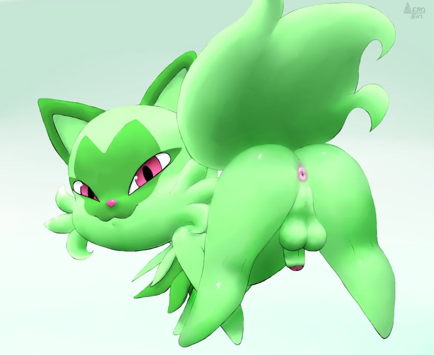 1boy aerosin anus ass ass_up balls cheek_tuft chest_tuft domestic_cat facial_markings facial_tuft felid feline felis femboy feral fur generation_9_pokemon genitals green_body green_fur head_markings hi_res male male_focus male_only mammal markings nintendo penis pink_eyes pokemon pokemon_(species) pokemon_sv presenting presenting_anus presenting_hindquarters raised_tail simple_background smug solo solo_focus sprigatito tail tuft