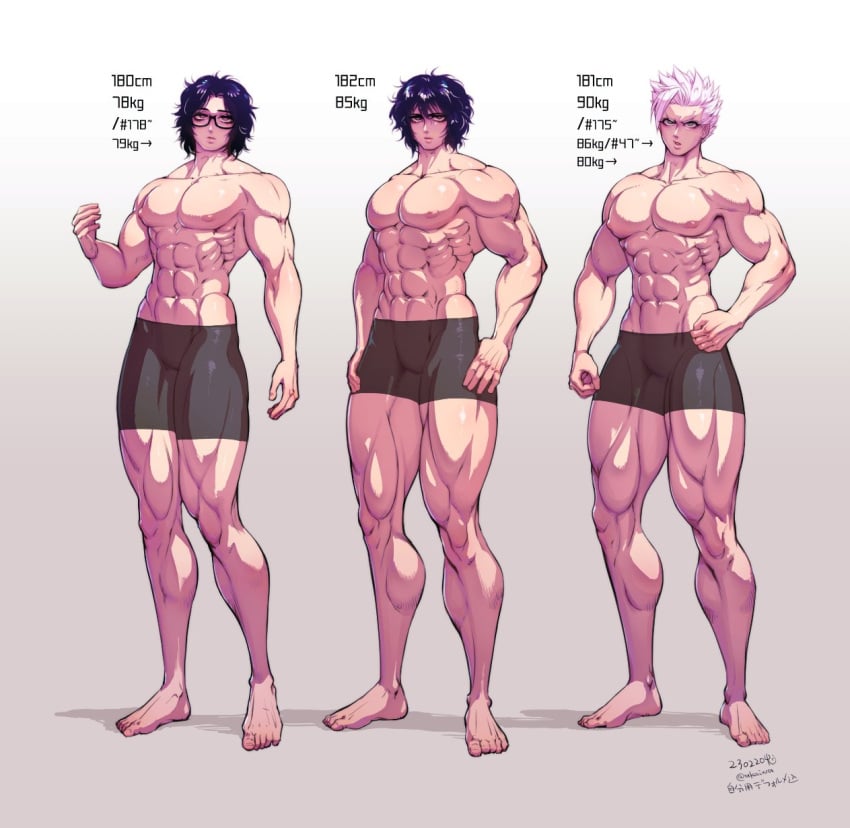 3boys abs akaiwa barefoot big_pecs bike_shorts black_hair full_body gaoh_ryuki glasses height_chart kengan_(series) kengan_ashura kengan_omega male male_only muscular muscular_male muscular_thighs narushima_koga pecs shorts standing thick_thighs tokita_ohma topless topless_male white_hair