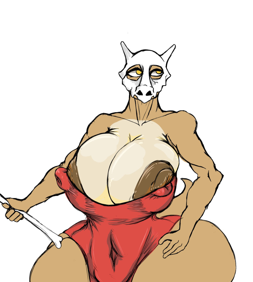 anthro areola big_areola big_breasts bone breast_play breasts brown_body brown_nipples clothing cubone dress female gatofashado generation_1_pokemon hi_res huge_breasts mask navel nintendo nipples pokemon pokemon_(species) red_clothing red_dress simple_background skull skull_mask solo straight_hair white_background yellow_eyes