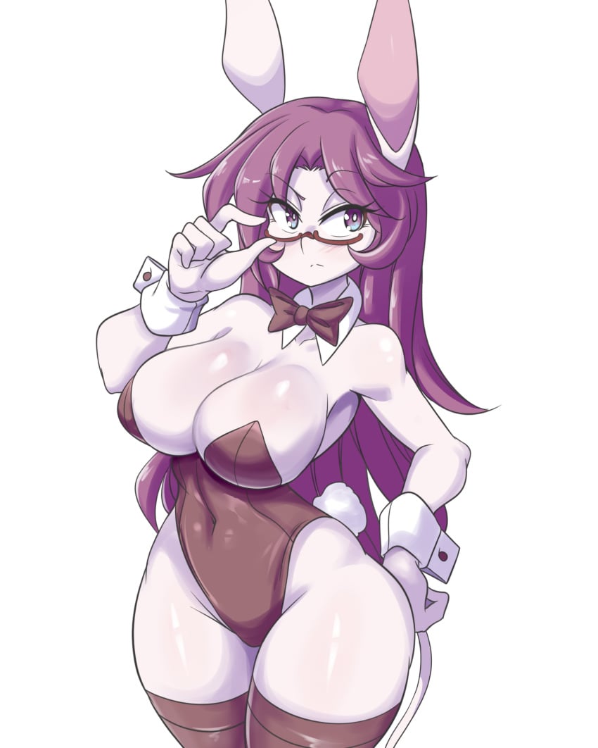 2023 adjusting_glasses big_breasts black_bow_tie bow_tie breasts bunny_ears bunny_girl bunny_tail bunnysuit cachi_(lucyfercomic) cleavage cuff_links donkey_ears donkey_girl female female_focus female_only glasses hand_on_glasses hand_on_hip hourglass_figure long_hair long_purple_hair lucyfercomic original original_character purple_eyes purple_hair shirt_collar shirt_cuffs thick_thighs thigh_highs thighs white_background wide_hips