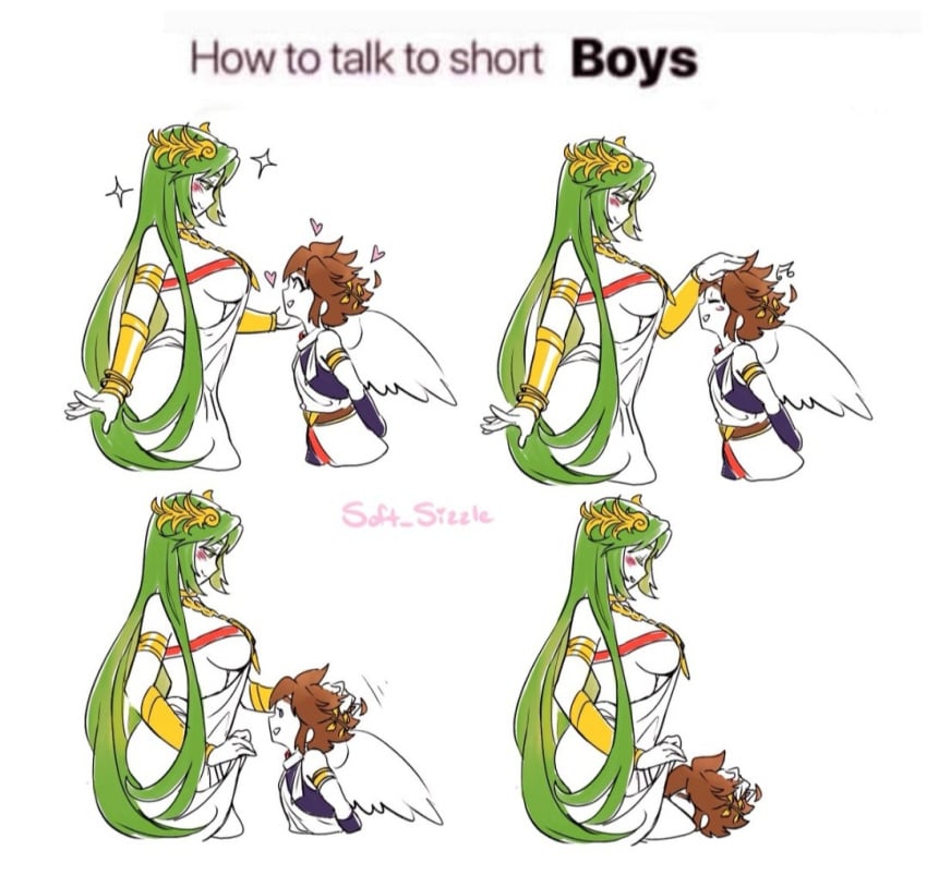 1boy 1girls 4koma blush breasts caress closed_eyes clothes_lift cunnilingus dress_lift english_text female gentle_femdom green_hair hand_on_head happy headpat height_difference how_to_talk_to_short_people inviting inviting_to_sex kid_icarus lifted_by_self male medium_breasts nintendo oral palutena pit pit_(kid_icarus) smile soft_sizzle standing_sex text wholesome