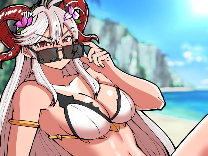 1girls adjusting_eyewear adjusting_glasses adjusting_sunglasses alternate_costume angry antenna_hair armlet bangs bare_shoulders beach bikini blue_sky blurry blurry_background breasts caught cleavage clenched_teeth collarbone curled_horns day diamond-shaped_pupils diamond_(shape) english_commentary female female_only fire_emblem fire_emblem_heroes freyja_(fire_emblem) freyja_(summer)_(fire_emblem) goat_horns grey_hair hair_between_eyes horns large_breasts long_hair looking_at_viewer looking_over_eyewear looking_over_glasses looking_over_sunglasses midriff mnejing navel nintendo official_alternate_costume outdoors red_eyes red_horns sidelocks sky solo sunglasses swimsuit symbol-shaped_pupils teeth tinted_eyewear v-shaped_eyebrows very_long_hair white_bikini white_swimsuit