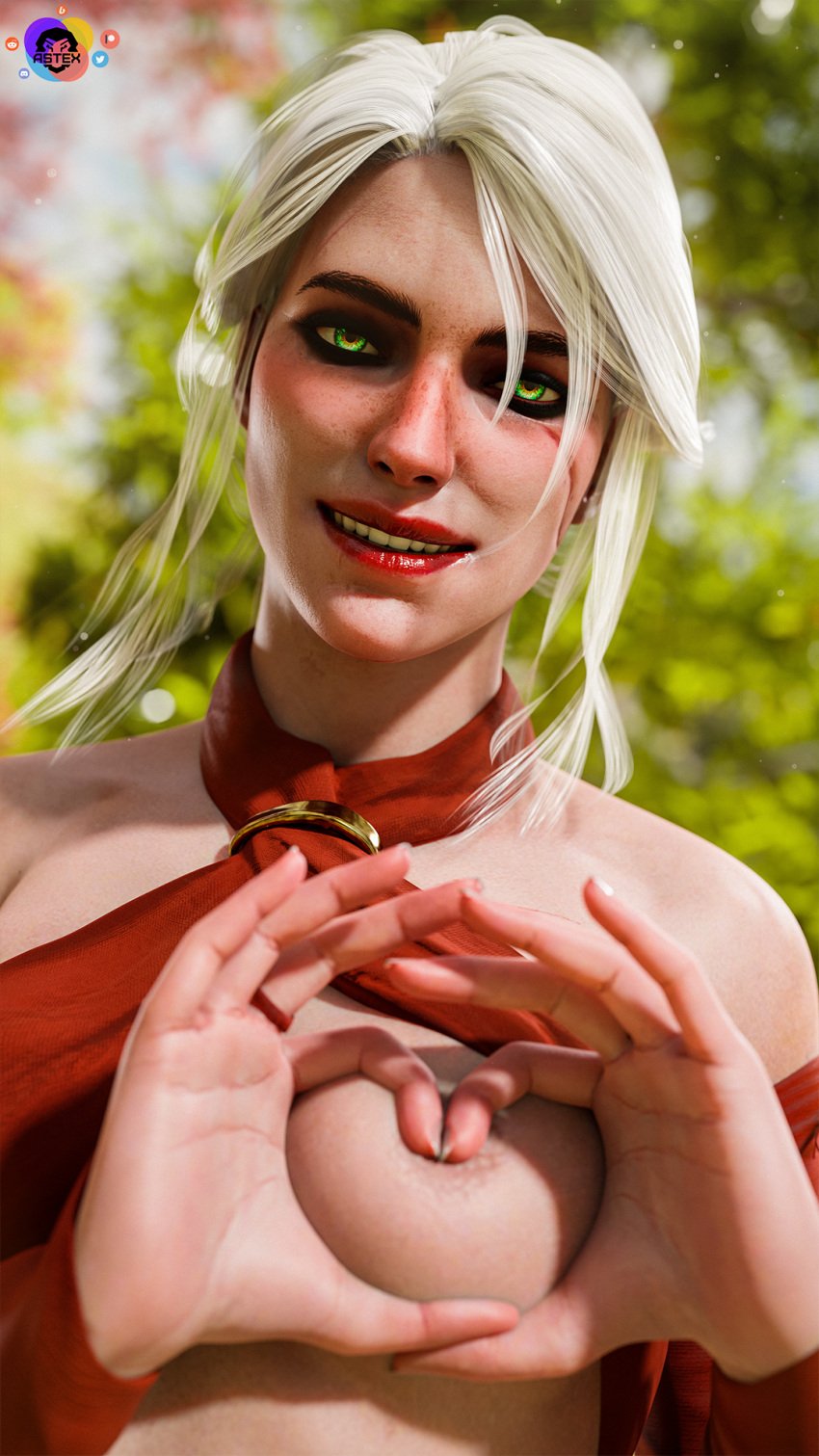 1girls 3d astex breast_out ciri close-up clothed female female_only heart_gesture heart_on_breast looking_at_viewer the_witcher_(series)