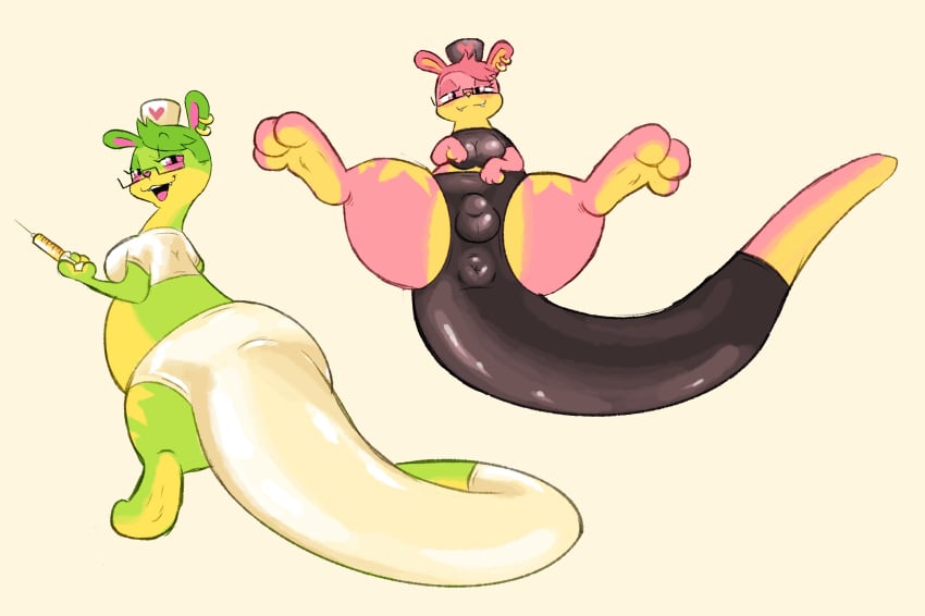 ambiguous_species anthro anus_outline camel_toe clothing female fur green_body green_fur hi_res labbit1337 latex mammal nurse open_mouth open_smile pink_body pink_fur rubber rubber_clothing rubber_suit smile solo yellow_body yellow_fur