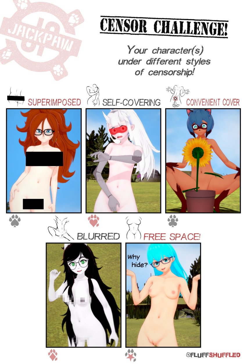 3d 5girls alignment_chart android_21 brand_new_animal breasts casual casual_exposure casual_nudity censor_challenger censored challenge classic_enf_pose collarbone convenient_censoring convenient_coverage dragon_ball embarrassed_nude_female enf exhibitionism exhibitionist free_space helltaker homestuck jade_harley lewderdelta loremaster_(helltaker) medium_breasts michiru_kagemori multiple_girls navel nudist outdoors public public_exposure public_nudity pussy small_breasts