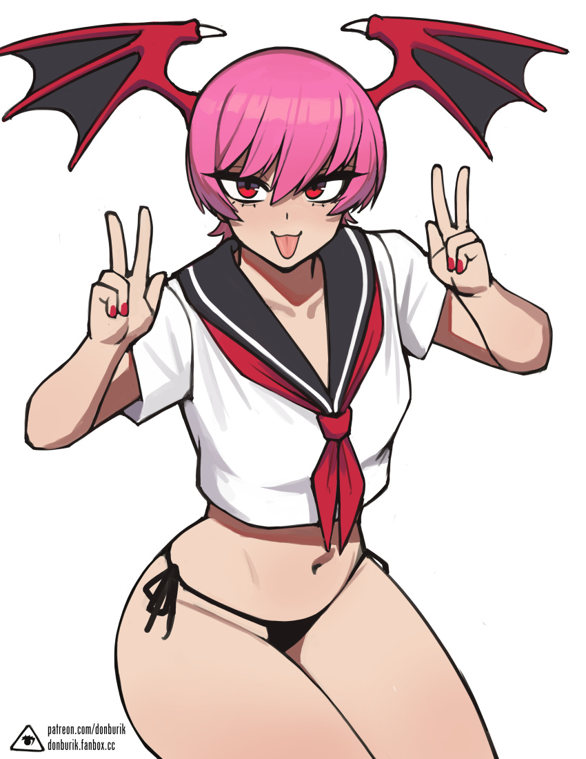 1girls :3 :p bikini_bottom capcom clothing darkstalkers demon_girl demon_wings donburikazoku double_v female female_only flat_chest head_wings lilith_aensland looking_at_viewer nail_polish navel painted_nails panties peace_sign pink_hair red_eyes red_nails school_uniform serafuku short_hair smiling smiling_at_viewer solo succubus thick_thighs thong tongue tongue_out v v_sign very_high_resolution white_background wings