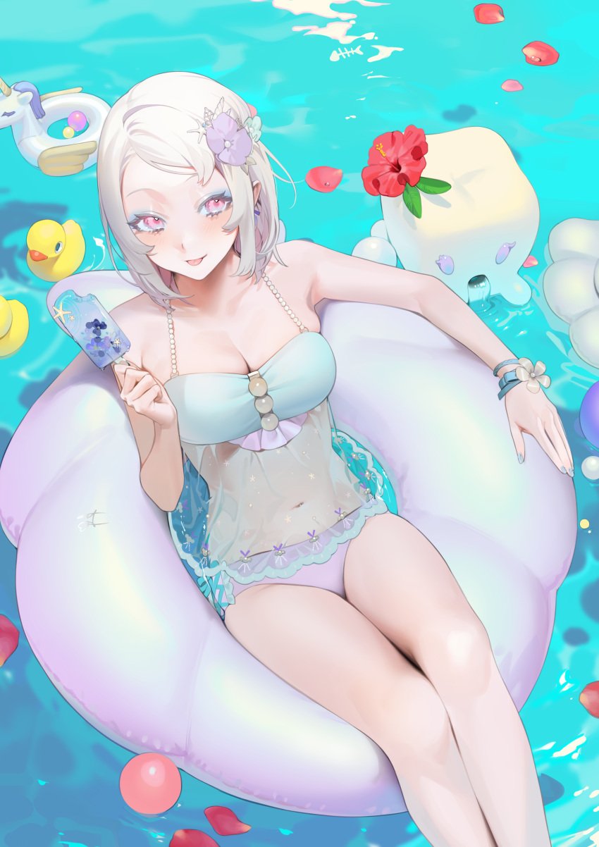 1girls albino bangs bikini blue_nails blush breasts cleavage female female_only flower from_above highres ice_cream legs_together medium_breasts nacchan_(ohisashiburi) nail_polish navel ohisashiburi original original_character painted_nails parted_bangs popsicle purple_eyes ribbon rubber_duck see-through short_hair smile swimsuit tongue tongue_out white_hair wrist_ribbon