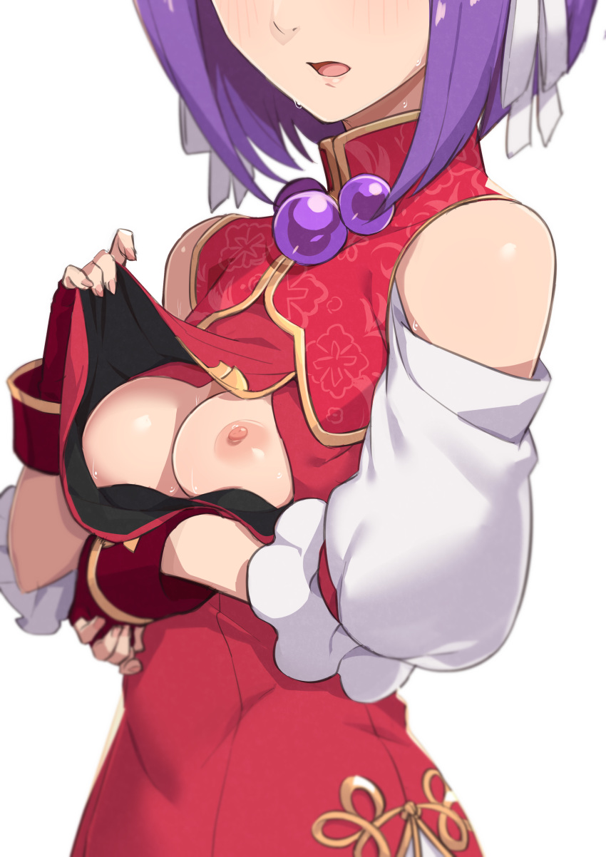 1girls athena_asamiya blush female_only king_of_fighters king_of_fighters_xv medium_breasts morisobo psycho_soldier purple_hair showing_breasts snk solo sweat tagme