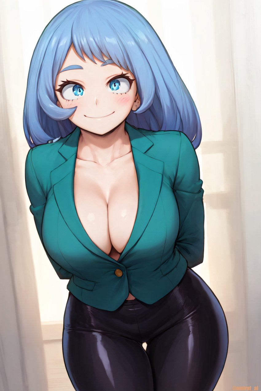 1girls ai_generated amiral_ai blue_eyes blue_hair breasts cleavage female hips huge_breasts light-skinned_female light_skin long_hair my_hero_academia nejire_hado office_lady thick_thighs thighs wide_hips