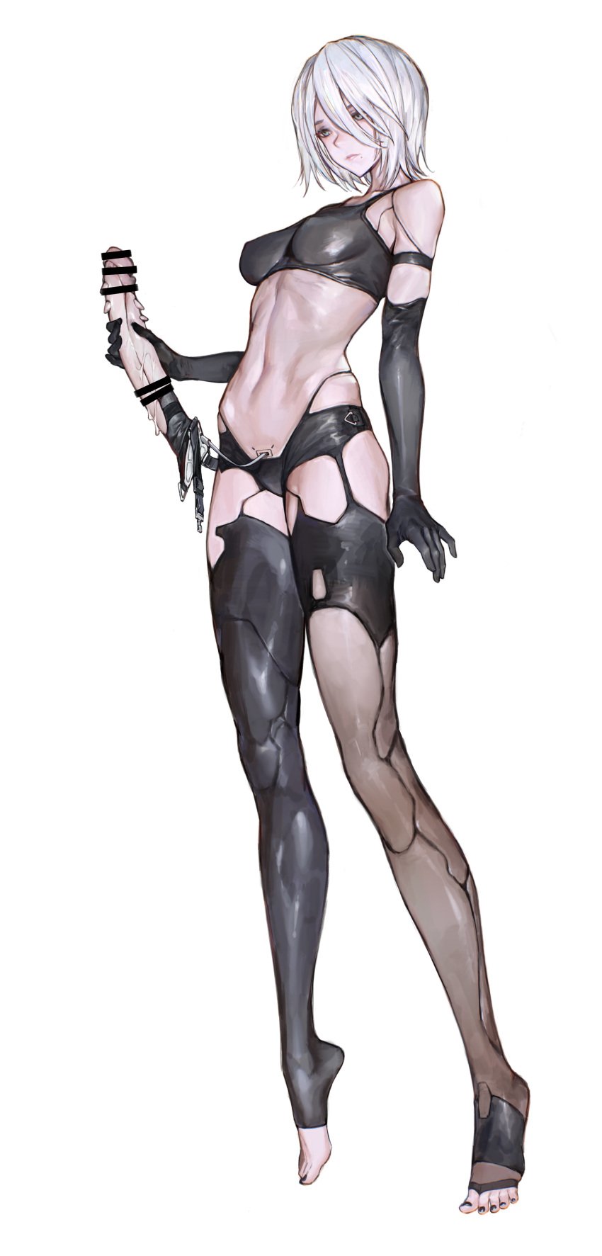 1girls breasts dildo elbow_gloves full_body iuui latex nier:_automata sex_toy short_hair solo standing strap-on westking white_hair yorha_a2