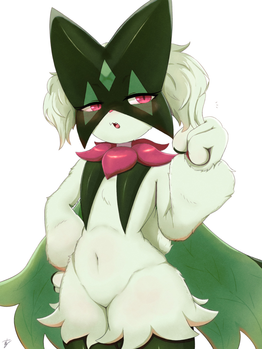 2023 3:4 3_fingers adorable anthro biped black_pupils colored cute cute_face cute_fangs cute_navel digital_media_(artwork) featureless_crotch felid feline female female_only fingers flat_chested frill_(anatomy) front_view fur generation_9_pokemon green_body green_fur green_hair green_tail hair hand_on_hip hi_res kemono leaf leg_tuft looking_at_viewer mammal mask meowscarada monotone_body monotone_fur monotone_hair monotone_tail navel neck_frill nintendo nude open_mouth paws pink_eyes pink_nose pokemon pokemon_(species) pokemon_sv portrait pupils scut_tail shaded short_tail signature simple_background small_nose small_waist solo solo_female standing suru56nee tail three-quarter_portrait tuft twintails white_background wide_hips