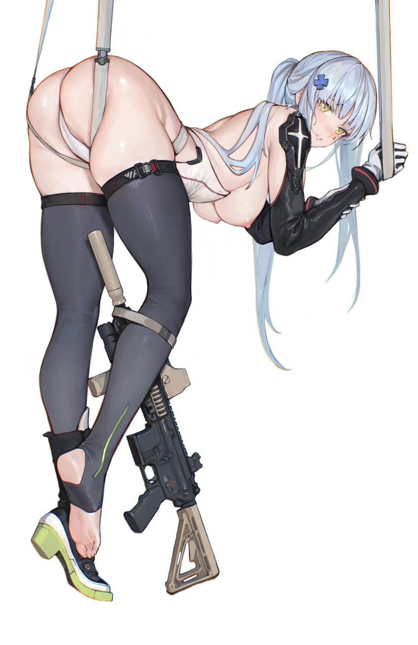 1girls aqua_hair ass bent_over breasts girls'_frontline gun hanging_breasts hk416_(girls'_frontline) iuui long_hair medium_breasts solo standing stirrup_legwear thighhighs topless twintails weapon westking white_hair