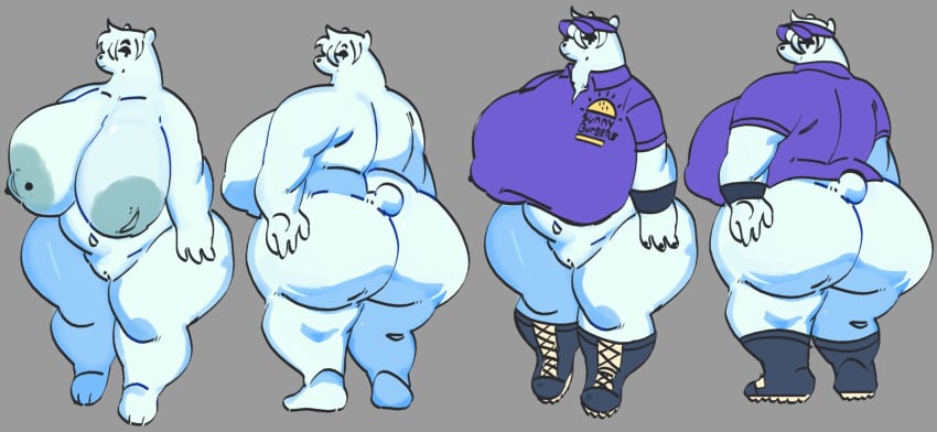 ass bear beauty_mark bottomless breasts cap fast_food_uniform female fur huge_ass huge_breasts ida_(mooncheez3) mooncheez3 nipple_bulge nipple_piercing piercing polar_bear pussy thick_thighs wide_hips