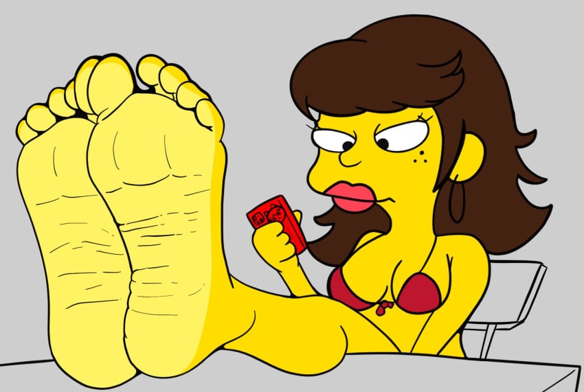 barefoot big_feet bikini clothed clothed_female countershade_feet disinterested dummycervine feet feet_on_table female foot_fetish foot_focus lipstick shauna_chalmers soles solo_female the_simpsons toes two_tone_feet wrinkled_feet wrinkled_soles yellow_skin