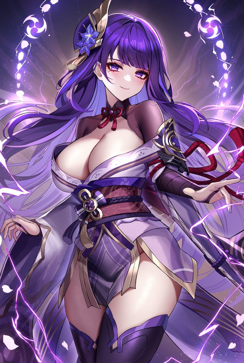 1girls bangs blush breasts cleavage eternity_(shadeh) female female_only genshin_impact highres japanese_clothes large_breasts long_hair looking_at_viewer mole_under_eye nail_polish nonude purple_eyes purple_hair purple_kimono purple_nails purple_thighhighs raiden_shogun smile solo thighhighs thighs