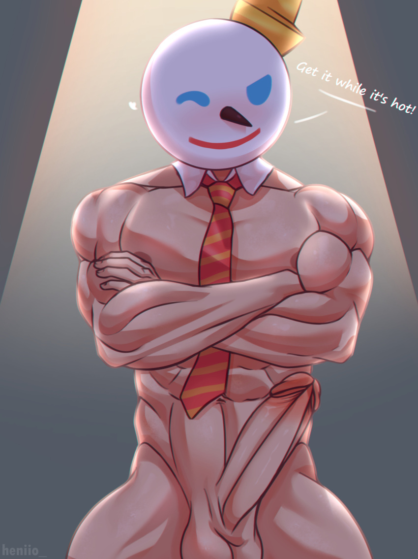 1boy abs balls bara big_penis blush boner buff crossed_arms erection faceless_male heniio hidden_face jack_box jack_in_the_box male male_focus male_only mascot mask masked masked_male muscles muscular muscular_arms muscular_male necktie nude object_head penis penis_out solo solo_focus solo_male text tie