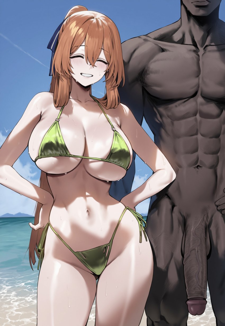 1boy 1girls ai_generated ass big_breasts bikini breasts brown_hair dark-skinned_male female female_focus girls'_frontline green_bikini green_eyes hips huge_breasts large_breasts light-skinned_female looking_at_viewer male navel springfield_(girls'_frontline)