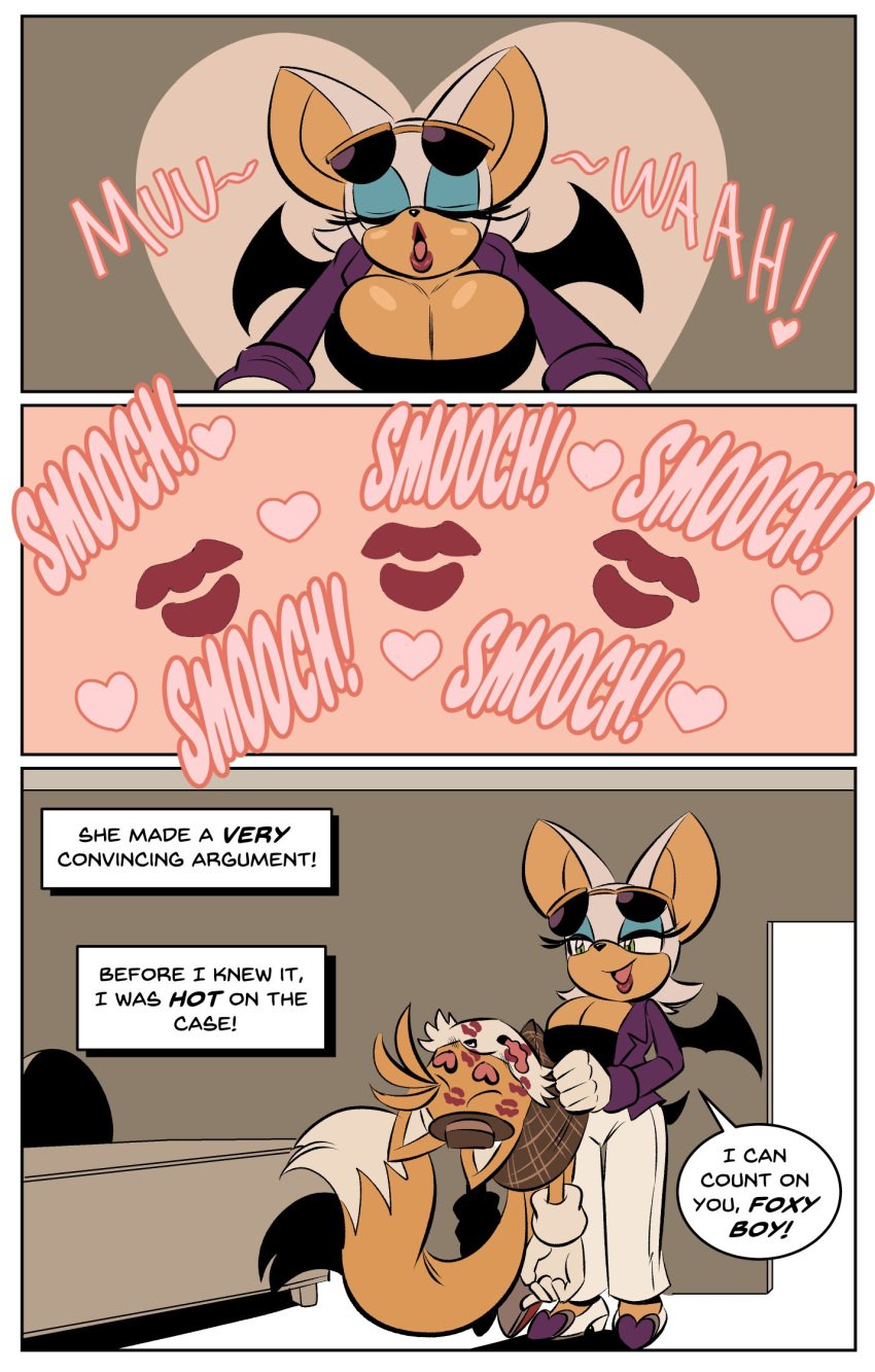 1girls bat_ears bat_girl bat_wings big_breasts busty comic curvy detective english_text fox_boy glassfish kissing lipstick older_female_and_younger_male orange_fur panels rouge_the_bat smooch sonic_(series) sonic_the_hedgehog_(series) sunglasses_on_head tails_the_fox white_fur