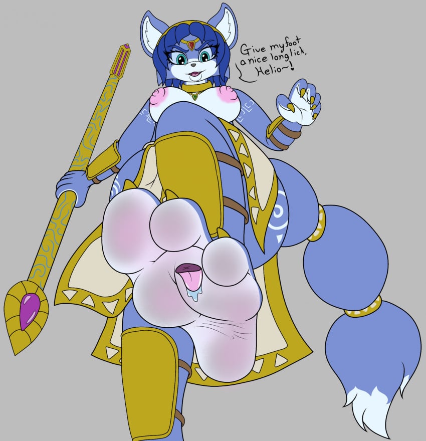 3_toes anthro barefoot blue_body breasts canid canine disembodied_tongue feet foot_fetish foot_lick foot_play fox hi_res krystal krystal&#039;s_staff licking mammal nintendo nipples soles star_fox sundaesoles text toes tongue