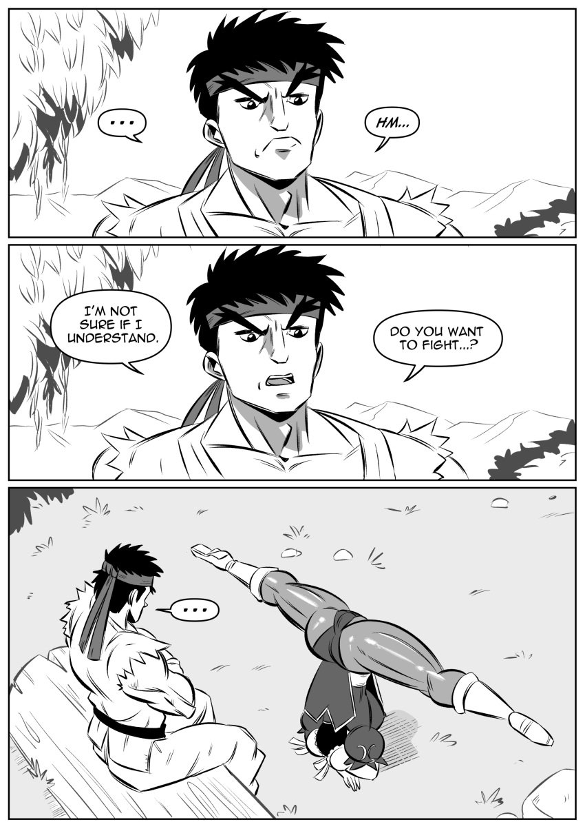 1girl1boy black_and_white capcom chun-li comic curvy english_text funsexydragonball handstand handstand_with_split_pose headstand humor muscular_male ryu_(street_fighter) speech_bubble spread_legs street_fighter thick_thighs