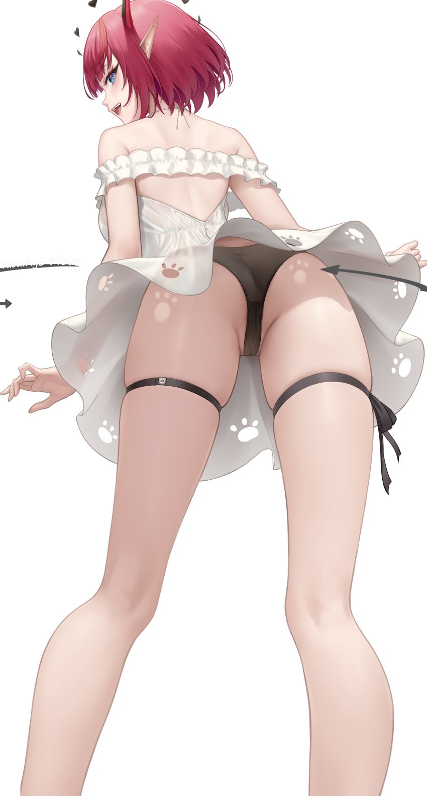1girls :d absurdres ass back bare_shoulders black_panties blue_eyes breasts dress frilled_dress frills from_behind from_below halo heart heart_halo highres hololive hololive_english horns irys_(casualrys)_(hololive) irys_(hololive) median_furrow medium_hair off-shoulder_dress off_shoulder official_alternate_hair_length official_alternate_hairstyle open_mouth panties pointy_ears red_hair short_hair simple_background skindentation smile solo somebody_(leiking00) teeth thigh_strap thighs underwear upper_teeth_only upskirt virtual_youtuber white_background white_dress