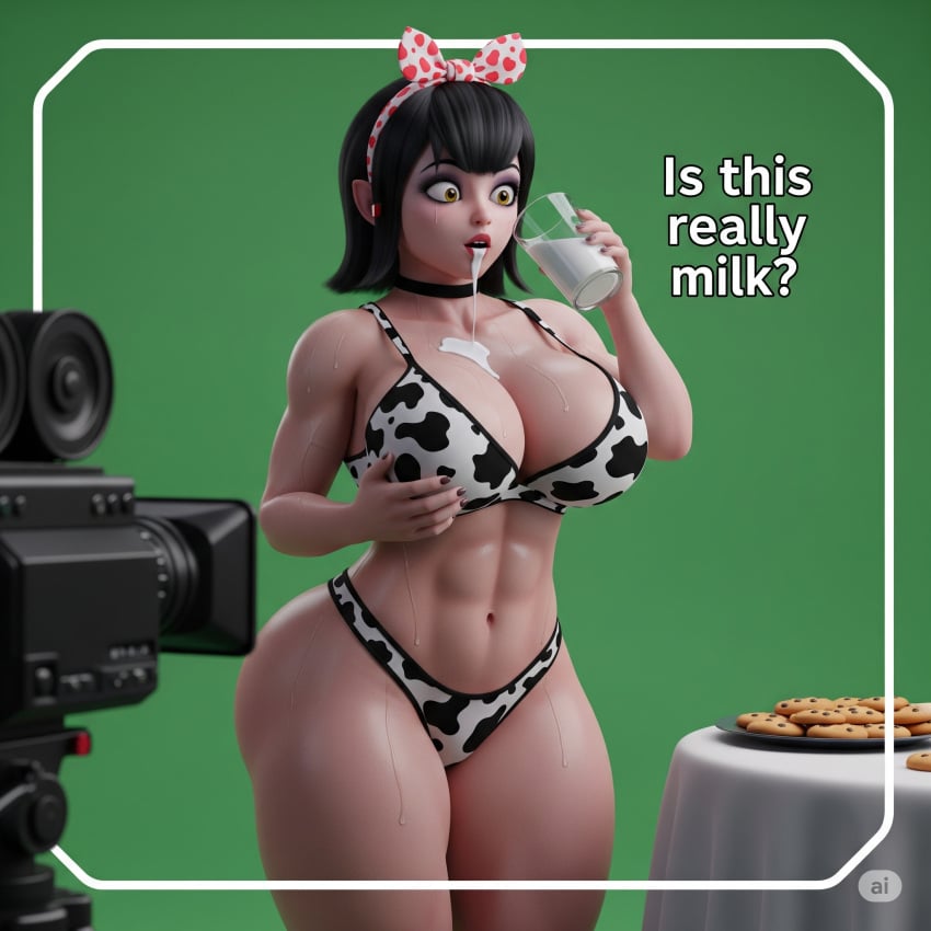 3d adult aged_up ai_generated alternate_universe behind_the_scenes big_breasts bikini bimbo_aesthetic black_and_white_outfit black_hair busty camera_in_frame cartoon_render cg_girl cheesecake_pose cinematic_setup cookies cosplay_parody cow_print cow_theme curvy digital_art dripping_milk exaggerated_anatomy exaggerated_proportions expression fanart fangs fetish_parody film_scene flirty_expression glass_of_milk goth_girl green_background green_screen headband high_detail hotel_transylvania hourglass hyperreal lingerie_style mavid mavis mavis_dracula messy_drink milk milk_drip milk_mustache open_mouth pale_skin photo_studio pinup_style polka_dot_bow seductive_pose sexy_pose shocked short_hair smooth_skin snack_table stylized_3d stylized_render surprised thick_thighs toon_shading vampire wide_hips
