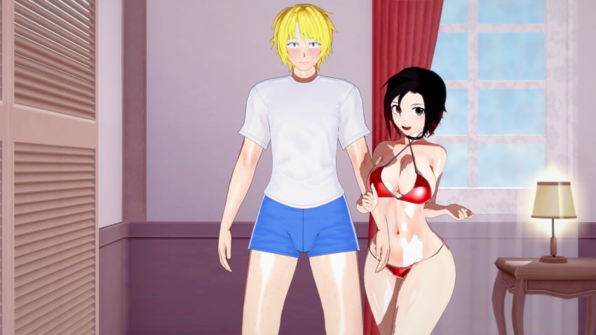 1boy 1boy1girl 1girls big_breasts big_breasts bikini bikini_bottom bikini_top black_hair blonde_hair blonde_hair_male blue_eyes blue_shorts jaune_arc koikatsu looking_at_viewer nakadashi_(artist) red_highlights ruby_rose rwby silver_eyes thick_thighs white_shirt wide_hips