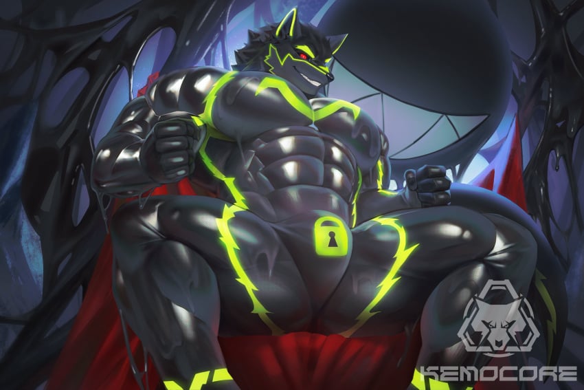 3:2 abs anthro balls barazoku biceps big_muscles big_pecs big_penis bodily_fluids canid canine canis erection fur genital_fluids genitals green_highlights grin hi_res highlights_(coloring) kult2k latex latex_body liquid_latex logo low-angle_view male mammal muscular muscular_anthro muscular_male null_bulge pecs penis red_eyes smile solo solo_focus toothy_grin