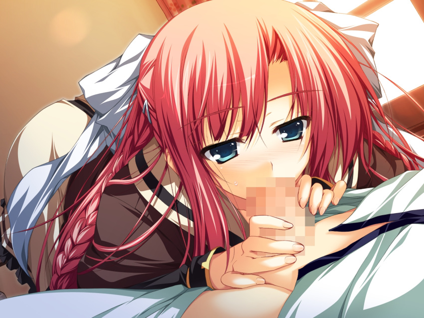 1boy 1girls akatsuki_no_goei blush censored fellatio female game_cg hair male nikaidou_aya oral penis red_hair straight tomose_shunsaku