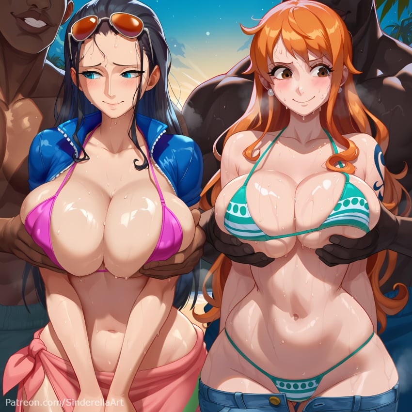 ai_generated beach bikini busty cheating commission dark-skinned_male duo gangbang groping huge_ass huge_breasts imminent_rape nami_(one_piece) netorare nico_robin one_piece patreon patreon_url patreon_username public sinderellaart surrounded thick used voluptuous