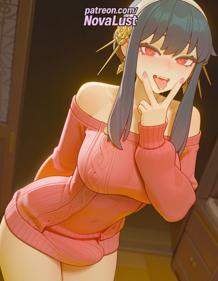 1futa 2025 ai_generated artist_name bare_shoulders black_hair blush futanari hairband hi_res high_quality high_resolution highres long_hair looking_at_viewer nail_polish novalust off-shoulder_sweater off_shoulder open_mouth patreon patreon_username red_eyes remodel_(kantai_collection) solo spy_x_family stable_diffusion sweater v watermark yor_briar yor_forger